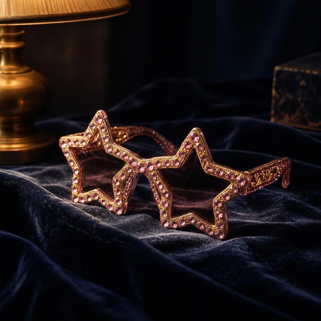 A pair of sparkling pink star-shaped glasses resting on navy velvet.