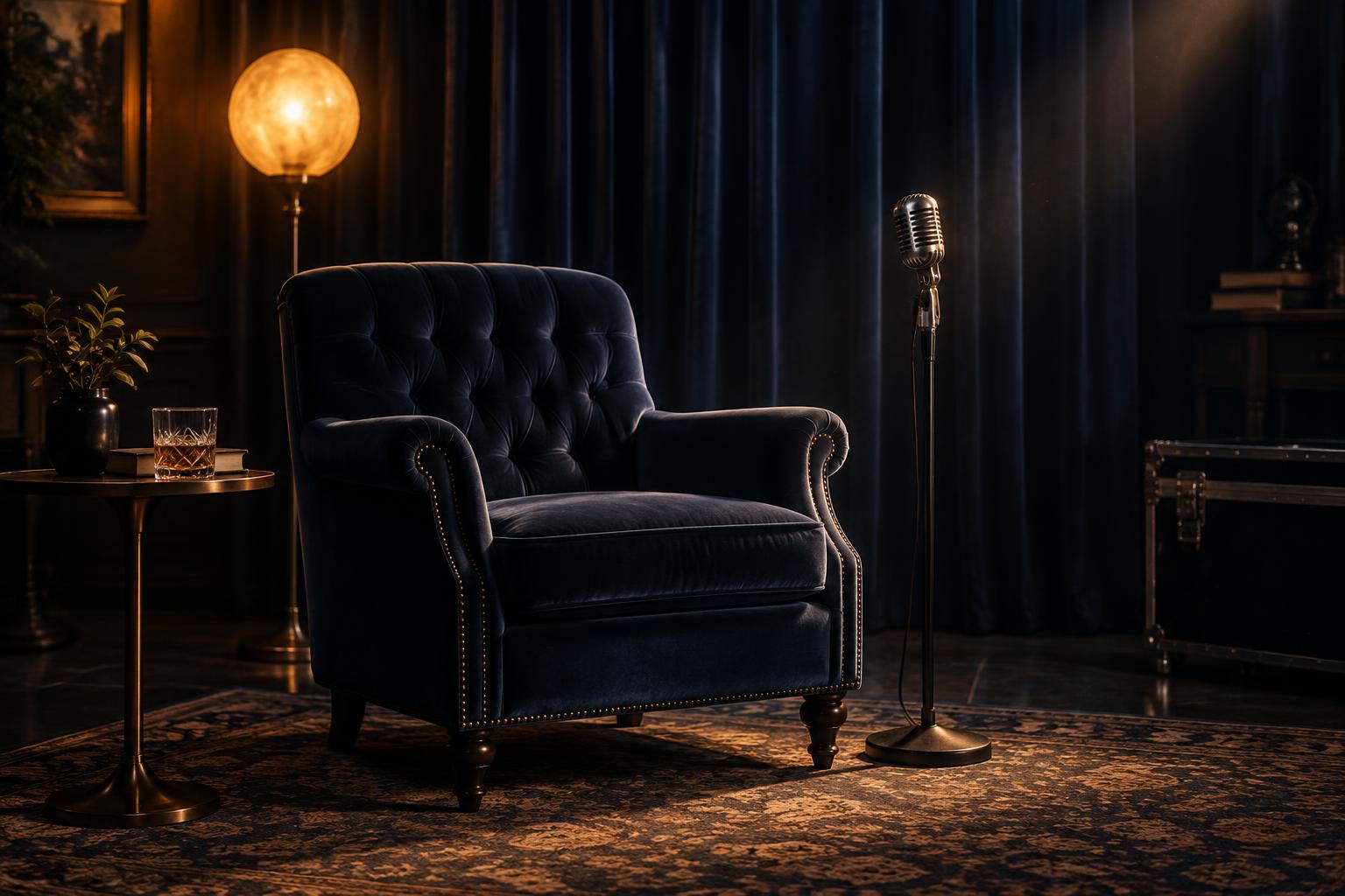 The empty navy velvet armchair and vintage microphone in the darkened studio.
