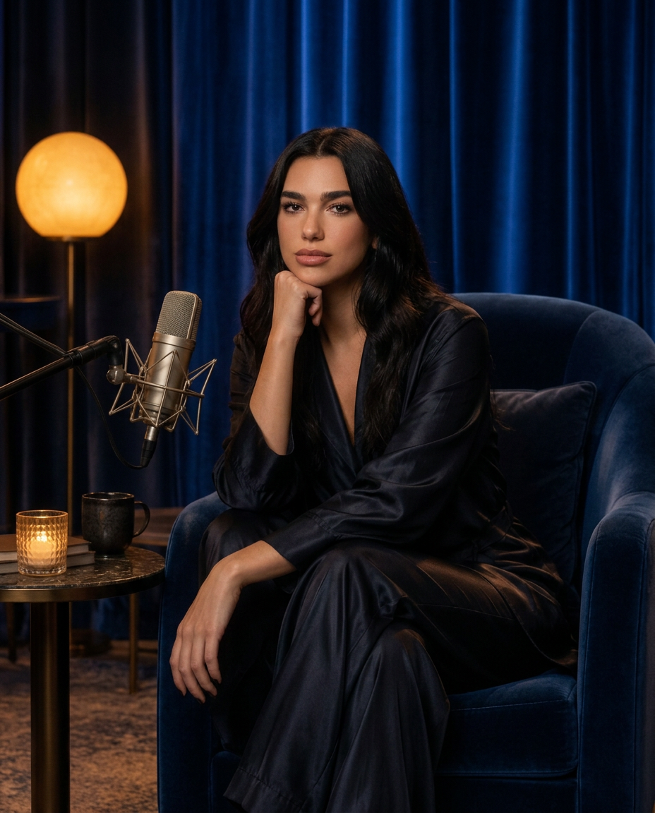 Portrait of Dua Lipa in the signature chair.