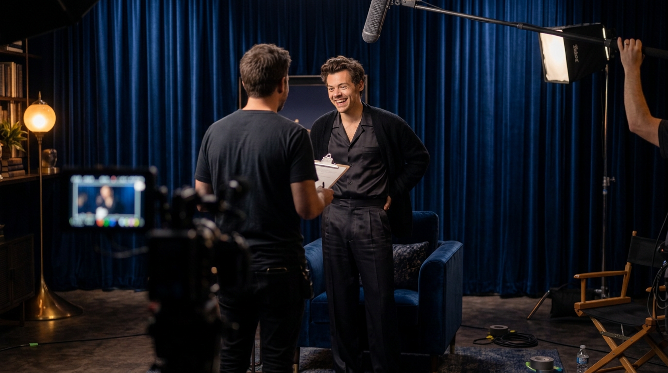 Behind the scenes: Harry standing beside the navy velvet chair, laughing with a crew member as the camera and monitor roll.